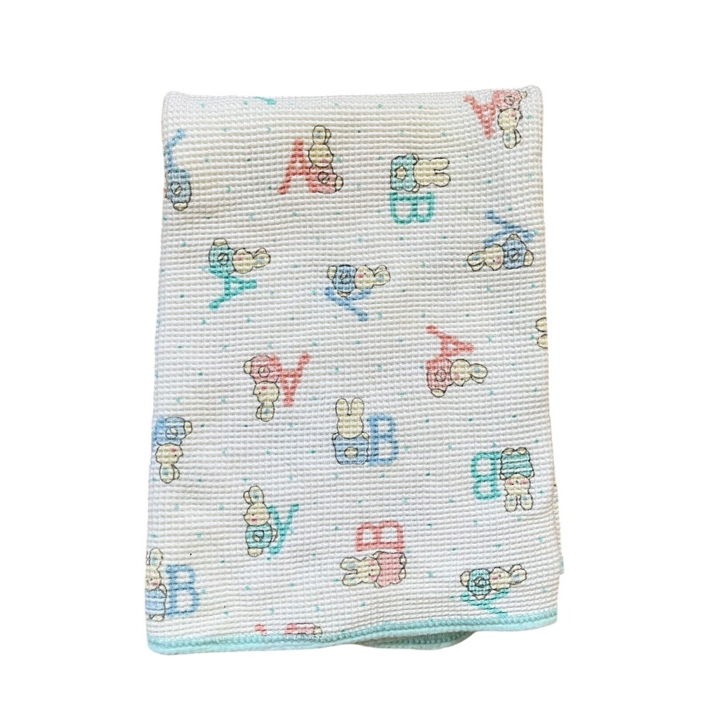 Vintage Carters Waffle Knit Thermal Baby Blanket Cotton ABC's Bunny Teal Blue